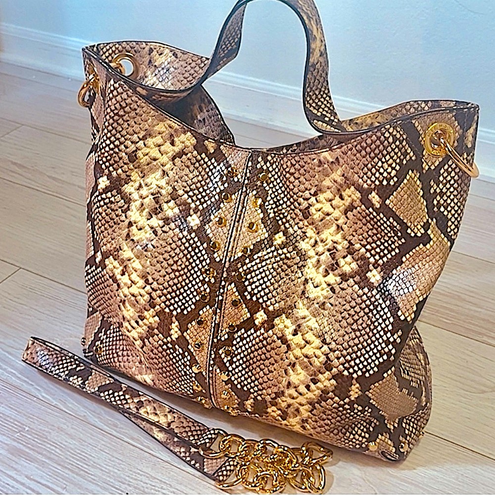 Michael Kors Gold and Brown Python Snake Skin, Large Bucket Purse, Tote Bag